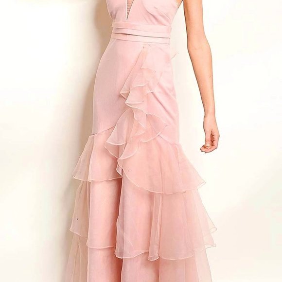 SHEER CONTRAST RUFFLE DETAIL V NECK MAXI DRESS - Picture 3 of 3